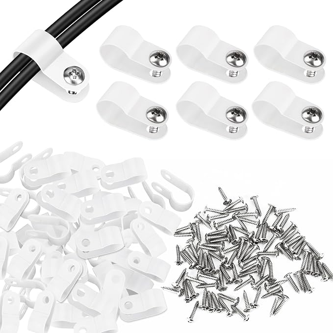VIPMOON 100Pcs 3/8 Inch R Type Cable Clips, Plastic Cable Clamps White with 100Pcs Screws, Mounting Cable Fasteners for Electrical Wire Clamps Management