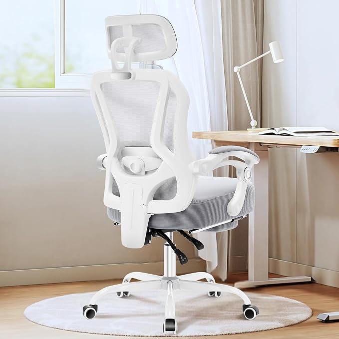 Ergonomic Office Chair with Footrest,Ultra Thick Desk Chair,Grey | 150°Reclining,Mesh High Back,Adjustable 2D Lumbar Support and Headrest,4.8" Spring Cushion,Premium Computer Chair for Adults