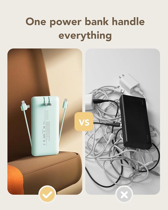 charmast Portable Charger with Built-in Wall Plug and Cables, 20000mAh Power Bank Travel Essentials, 20W Fast Charging Battery Pack Compatible with iPhone 17/16/15/14/13/12/11, Samsung, Android