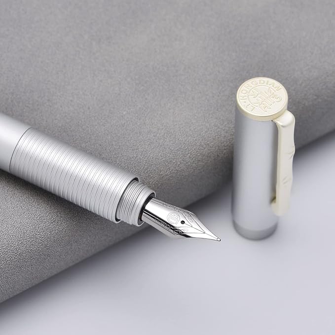 Hongdian H3 Fountain Pen Fine Nib with Bamboo Pen Clip, Silver Aluminum Alloy Writing Pen