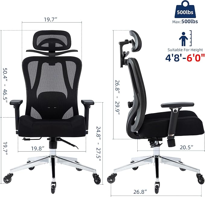 Office Chair 500lbs Ergonomic Mesh Desk Chair for Heavy People, Heavy Duty Office Chair with Wide Thick Seat Cushion, 4D Armrest, Adjustable Headrest & Lumbar Support Computer Chair