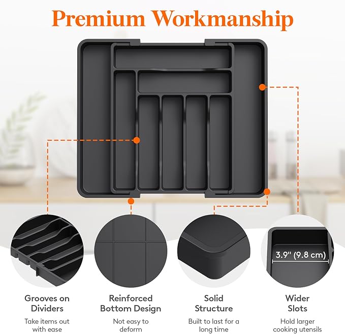 Lifewit Utensil Organizer for Kitchen Drawer, Expandable Cooking Silverware Tray, Adjustable Cutlery Flatware Holder, Plastic Spatula Tools Storage Divider, 11.8-19.6 x 15", Black