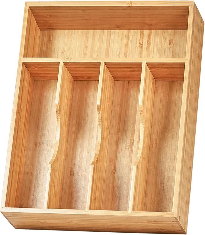Kitchen Drawer Organizer, 10 Inch Silverware Utensil Tray Holder, Extra Deep, with Non-Slip Feet & Grooved Drawer Divider, 5 Slots Total Bamboo Wood Caddy for Flatware Cutlery Knives