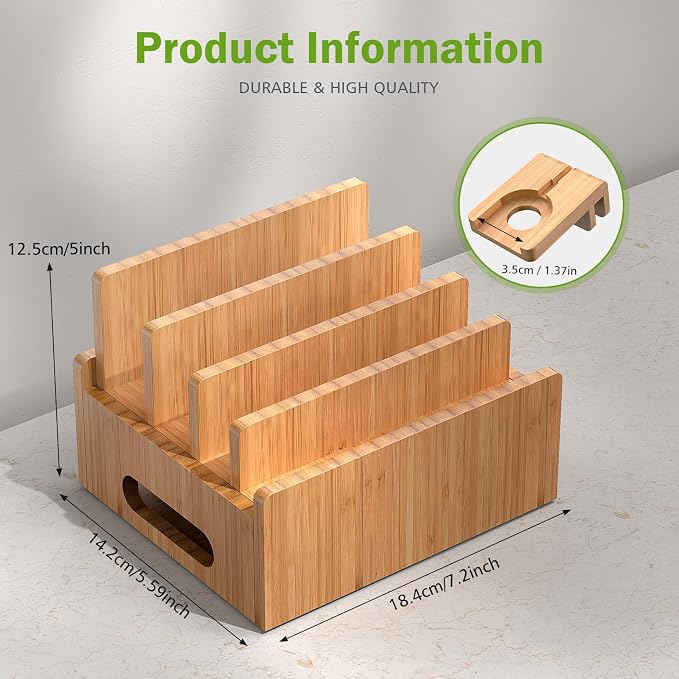 Pezin & Hulin Bamboo Charging Stand, Dock Organizer for Multi Devices, Cell Phone, Tablets, Smart Watch, with Pack 5 Cables, No Power Charger Block | Dock Organizer for Multi Devices, Cell Phone, Tablets, Smart Watch, No Power Charger Block