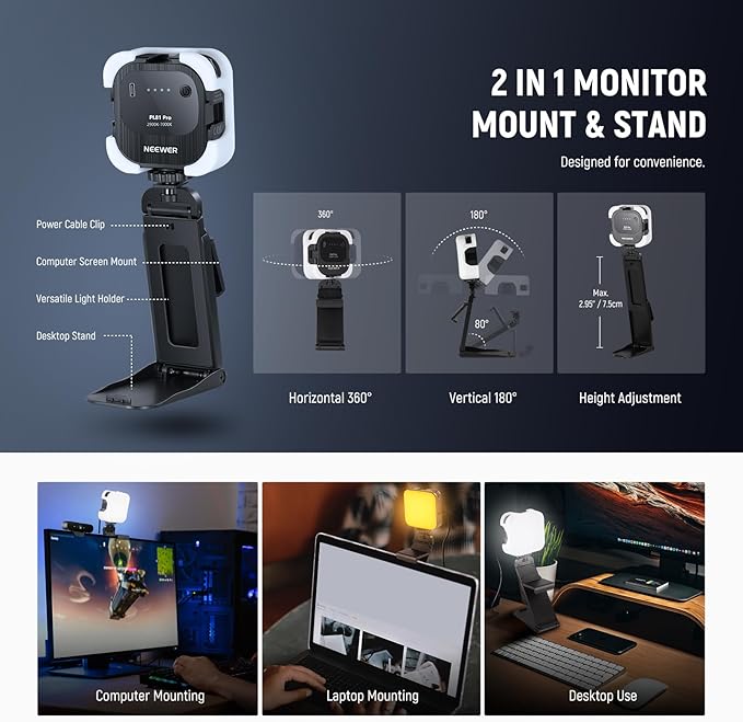 NEEWER LED Streaming Light with Windows & macOS Software Control, 2 in 1 Monitor Mount & Stand, Ultra Bright 2900K-7000K USB Laptop Computer Webcam Lighting for Video Conference, Zoom Call, PL81 PRO