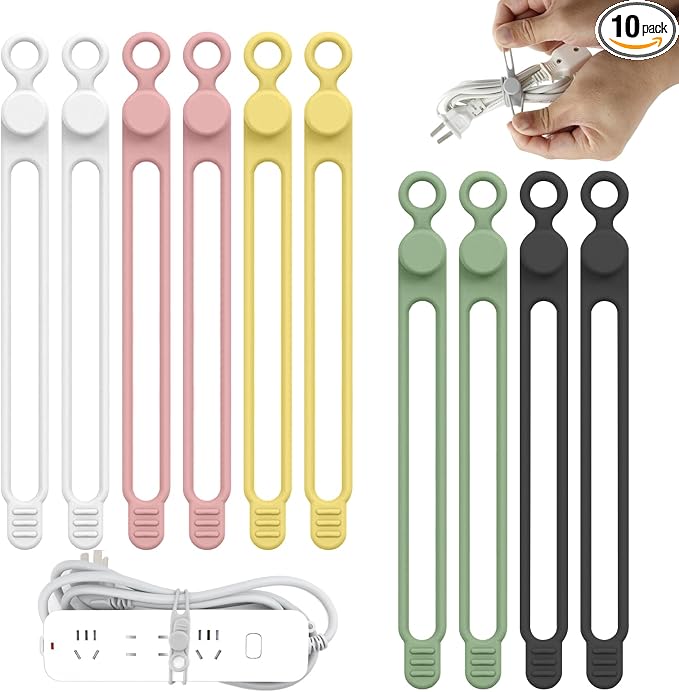 UMUST Silicone Cable Straps,10PCS 7.1"Cord Ties, Reusable Cable Ties，Travel Cord Organizer，Wire Organizer Ties for Kitchen,Home,School,Bundle Storage for Cables Etc（5 Colors） | Reusable Cord Ties, Cable Strap Tie for Bundling Electronics Wire,Home Offi...