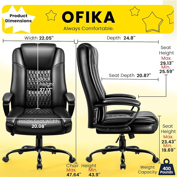 OFIKA Leather Office Desk Chair,Ergonomic Office Chair with Lumbar Support,Computer Chair,Executive Leather Chair with Padded Arm,2026 Upgraded Big and Tall Chair, Black,275LBS