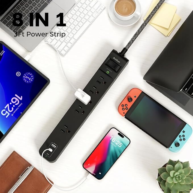 Addtam 2 Pack Power Strip Surge Protector – 5 Wide Spaced Outlets 3 USB (2 USB-C) Charging Ports, 1875W/15A, 5ft Braided Cord, Flat Plug, Overload Surge Protection, Wall Mount for Home, Office & Dorm