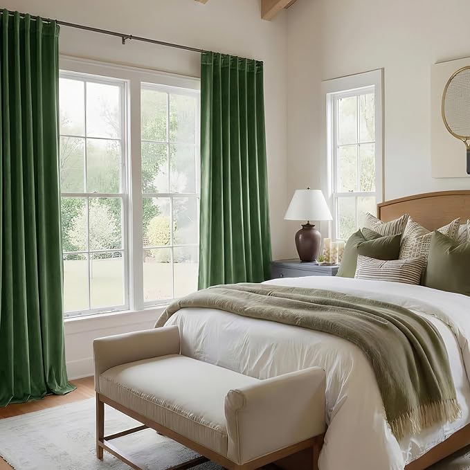 Olive Green Velvet Blackout Curtains 96 Inches for Bedroom, Thermal Insulated Room Darkening Drapes, Super Soft Luxury Window Curtains for Living Room, Back Tab & Rod Pocket, W52 x L96, 2 Panels