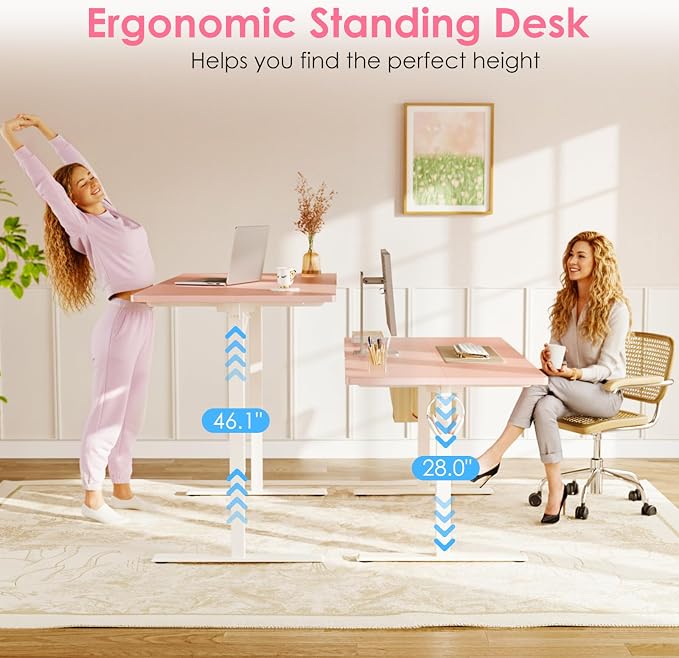 OffiGo 48" Pink Electric Standing Desk Height Adjustable for Home Office | 3 Memory Presets, Rear Cable Notch, Dual Side Hooks, Stand Up Desk for Bedroom, Study room, Home Office and Vanity Space