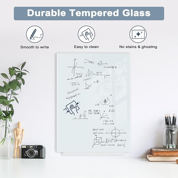 Magnetic Glass Whiteboard, 16" x 12", Frameless Wall Mount, Normal White | Glass Dry Erase Board for Wall, Includes 1 Marker Tray and 4 Magnets, White Board for Office, Home, Classroom