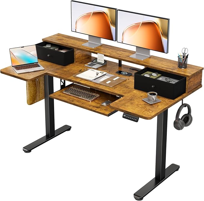 OffiGo U Shaped Electric Standing Desk with Drawers, 55 Inch Height Adjustable Desk with Keyboard Tray ＆ Ergonomic Monitor Stand, Sit Stand Table with Power Outlets for Home, Office, Rustic Brown