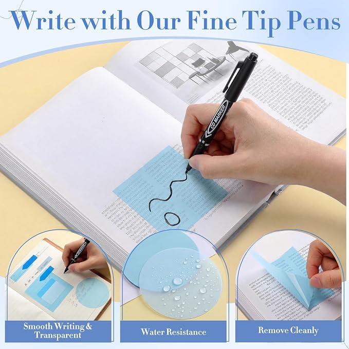 Glenmal Transparent Sticky Note Set 910 Sheets Translucent Clear Self-Adhesive Sticky Notes Bulk Gradient Color Waterproof for Bible Tabs Book Tabs Office Study Supplies Book Annotation (Blue)
