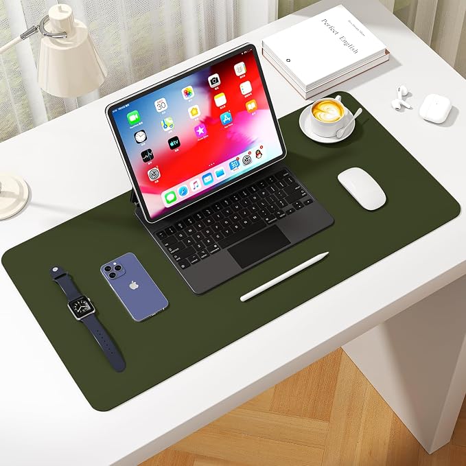 Leather Desk Pad Protector, Waterproof Mouse Pad, PU Desk Mat, Office Desk Cover, Desk Writing Mat for Office/Home/Work/Cubicle (Olive Green) 31.5x15.7 in