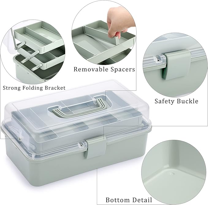 BTSKY 3-Layer Plastic Dividing Storage Box Craft Organizer and Storage | Portable Handled Art Supply Organizer with Adjustable Spacers Multipurpose Home Utility Box for Medicine Sewing(Haze Green)