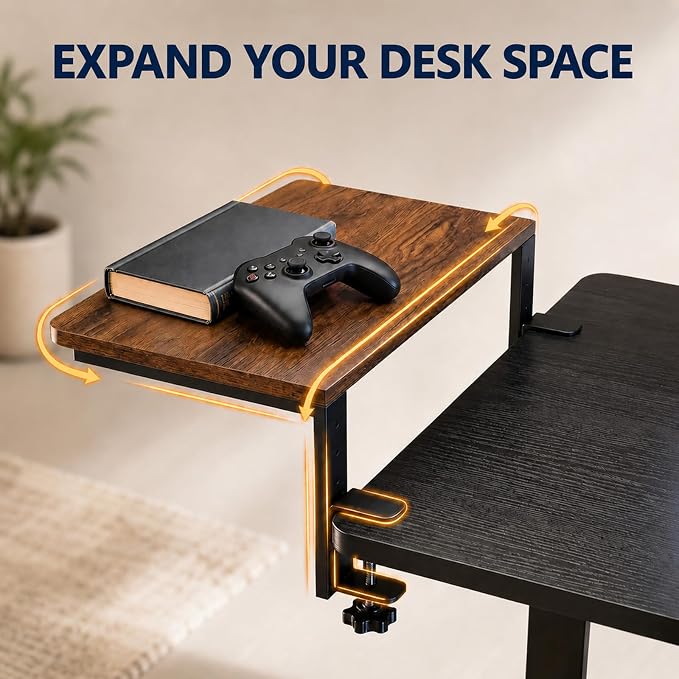 Clamp-On Desk Extender, 15 x 9.5 Inch Monitor Riser | Height options, No-drill setup, 3-in-1 use, 44 lb load, Office station, Gaming area, Brown finish