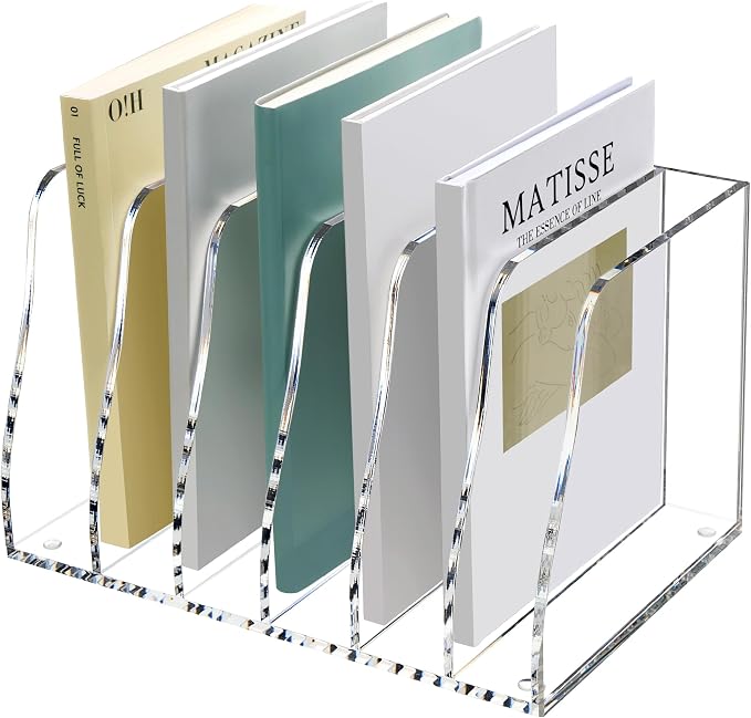 SANRUI Acrylic Desk File Organizer, Clear Magazine File Holder 6 Slot | Vertical Workspace Sorters, Folder Rack for Office Accessories Organization Storage