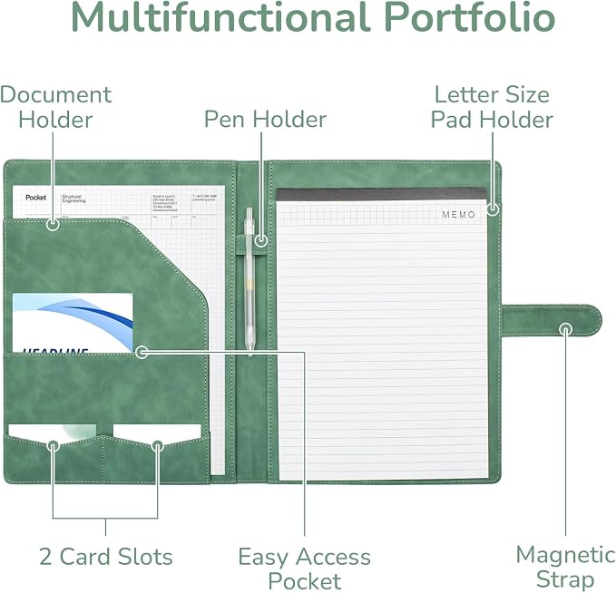 VANRA Padfolio Portfolio Binder Faux Leather Interview Resume Folder with Notepad, Document Organizer Card Holder, Letter-Sized Notepad Portfolio Organizer for Business School Office (Green)
