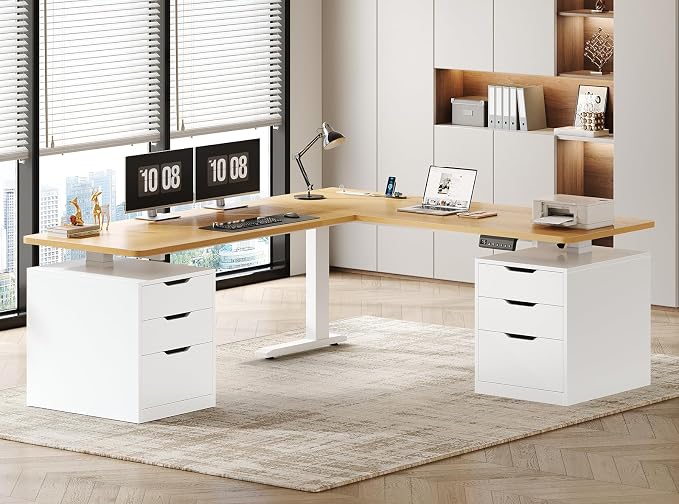 SEDETA L Shaped Electric Standing Desk with 6 Drawers, 66.9" x 57.1" Height Adjustable Stand Up Desk with Power Outlets, 3 Memory Heights, Sit Stand Computer Desk for Home Office, White + Oak