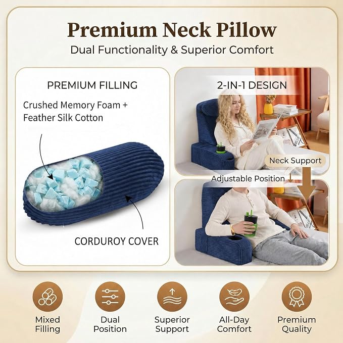 Reading Pillow for Adults, Back Pillow for Bed Sitting Up, Backrest Pillow for Sitting in Bed, Detachable Arms with Built-in Cup & Phone Caddy (Dark Navy-Corduroy, 19 INCH)