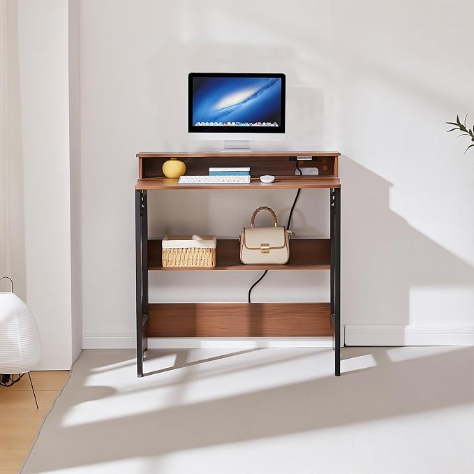 Fold Out Desk with Power Outlets, Small Foldable Table with Storage Shelf,Space-Saving Hidden Desk for Bedroom, Living Room & Office (Walnut)