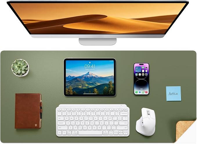 Aothia Dual-Sided Desk Pad - Leather Desk Mat, Natural Cork Desk Pad Protector, Large Mouse Pad for Desk, Waterproof Desk Blotter Pad, Desk Writing Pad for Office Work/Home, Olive Green (37.8"x17")