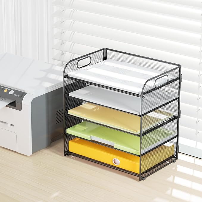 VIEERINN 5 Tier Paper Letter Tray Organizer with Handles, Mesh Desk File Organizer Metal Paper Sorter Holder, Desktop Document Shelf Tray Storage Organization for Office School Home