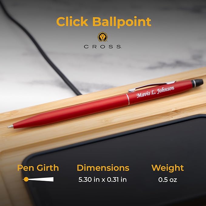 Cross Click Engraved Ballpoint Pen, Crimson Red with Chrome Trim, Silver Engraving on Cap, Slender Barrel, Gift for Graduation, Career Advancement, Bar Mitzvah, Birthday, Cross Gift Box