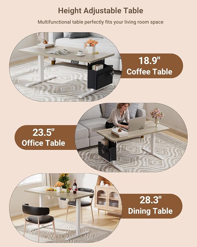 Coffee Table, Height Adjustable Electric Coffee Table with Storage Bag Lift Tabletop Dining Table Office Table with Lockable Wheels for Living Room (Grey Oak Look, 48 x 24 Inches)