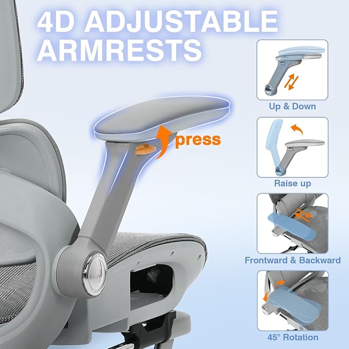 Ergonomic Mesh Office Chair with Footrest, High Back Desk Chair with 4D Armrests, 3-Zone Dynamic Lumbar Support, Ergonomic Office Chair with Wheels (Silver Gray)