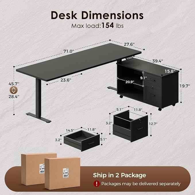 OffiGo 71 Inch L Shaped Electric Standing Desk with File Cabinet, Black | Mobile Drawers & File Cabinet for Flexible Layout, Height Adjustable Executive Stand Up Desk for Home Office Workstation