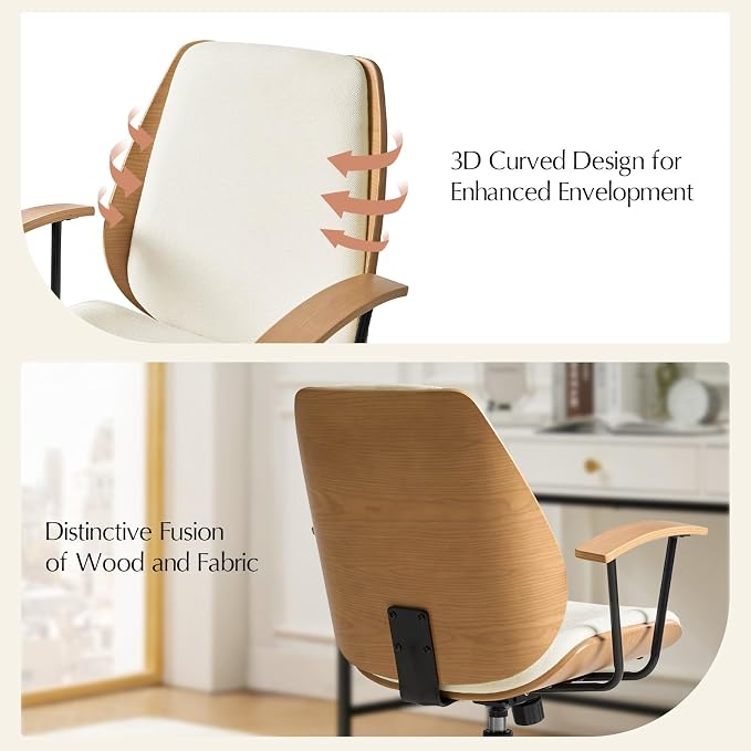 HULALA HOME Solid Wood Office Chair with Tilt Function & Metal Base, Ivory | Mid Century Modern Desk Chair with Bent Wood Frame, 360° Swivel Fabric Computer Task Chair, Height Adjustable