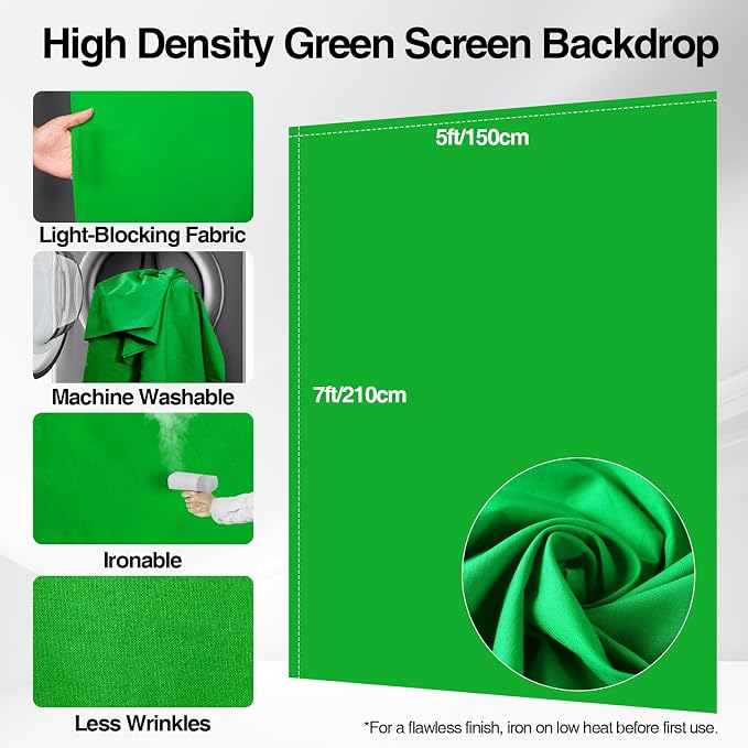 5x7ft Green Screen Backdrop Kit with Stand, Portable Greenscreen Background Includes Foldable T-Stand, 6 Clips and Carry Bag for Streaming, Gaming, Meeting, Video Production, Photography