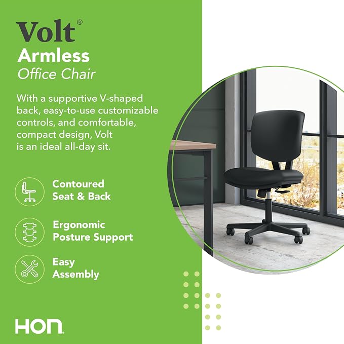 HON Volt Ergonomic Office Chair with Bonded Leather Seat and Back, Armless Desk and Computer Chair with Adjustable Center‑Tilt Recline and Wheels for Home Office or Workstation, Black
