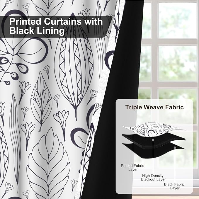 White and Brown Blackout Curtains 84 Inch Length 2 Panels Set, Printed Thermal Insulated Drapes Noise Reduction Room Darkening Grommet Blackout Curtains for Bedroom Living Room Window Treatments