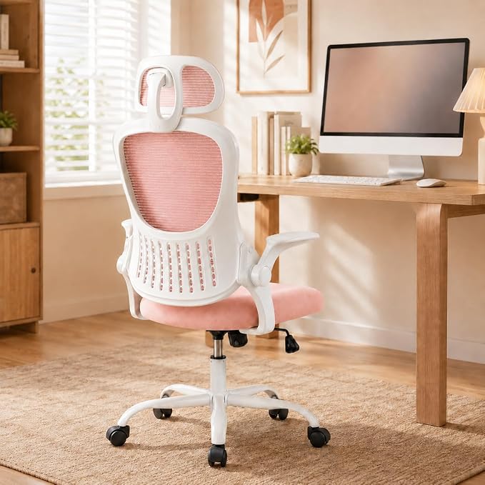 Pink Ergonomic Office Chair, High Back Mesh Desk Chair with Adjustable Headrest Lumbar Support, Computer Chairs with Flip-up Armrests and Thickened Cushion for Adults Home Office, 360° Swivel