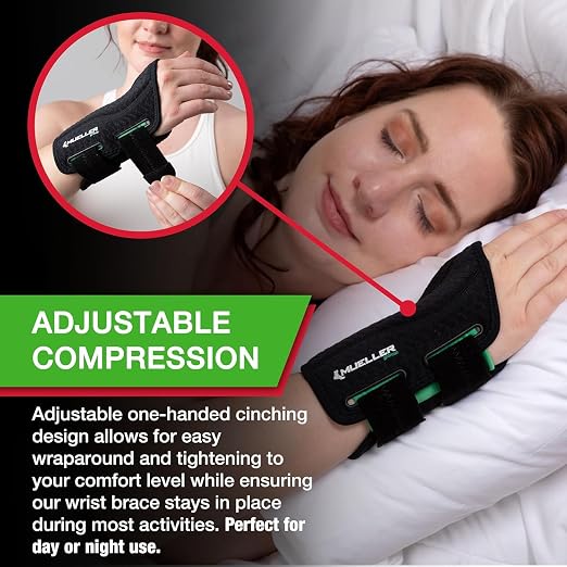 MUELLER Sports Medicine Green Fitted Wrist Brace for Men and Women,Wrist Pain Relief Support,Ideal for Carpal Tunnel,Tendonitis,Arthritis,Right Hand,Black,Small/Medium,(Pack of 2)