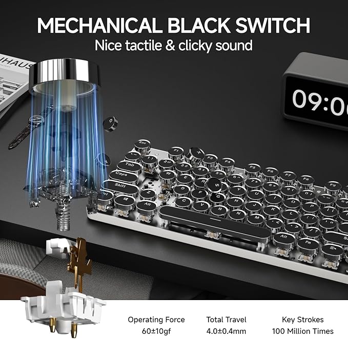 EWEADN TK950 Typewriter Mechanical Keyboard and Mouse, 104 Keys Aesthetic Typewriter Keyboard Mouse Combo with White Backlit, Anti-Ghosting, Black Switch Bluetooth/2.4GHz/Wired Cute Keyboards-Black