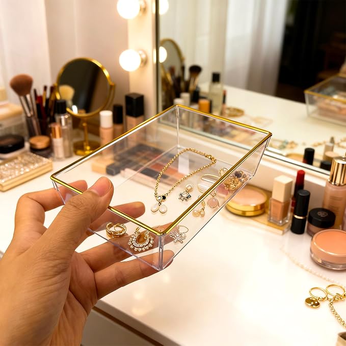 12 Pack Large Size Clear Stackable Drawer Organizer Trays, Gold Rim Makeup Drawer Storage Tray Divider, Desk Storage for Makeup, Jewelry, Bathroom, Stationary, Kitchen Utensils and Office Desk