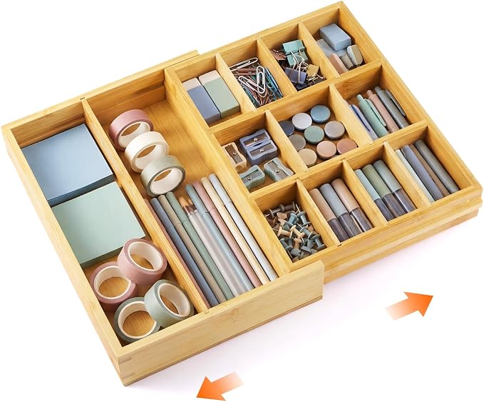 Bamboo Sliding Desk Drawer Organizer 9'' up to 17.9'' x 12'' x 2.2'' Expandable Office Desk Accessories Supplies Tray with 11 Compartments for Pens, Notebooks, Rulers, and Makeup Jewelry Vanity