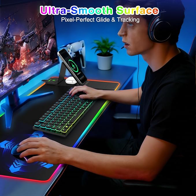 XL RGB Gaming Mousepad, 25 Lighting Effects, 15W Fast Charging, Phone Stand | 31.5"x11.8" Extended Keyboard Mat Pad with Stitched Edges, Ultra-Smooth Waterproof Surface, Non-Slip Base