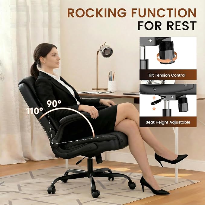 GTPLAYER Leather Office Chair, Home Desk Chair with Flip-up Arms and Ergonomic Back - Comfy Heavy Duty Executive Chair for Home Office Gaming, Charcoal Black