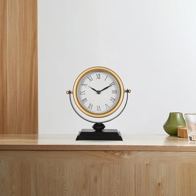 Vintage Analog Table Clock Battery Operated Silent Gold | Vintage Decor, Living Room Bedroom Office Shelf, Farmhouse Mantel Fireplace, Non-Ticking Silent, Small, Gold Desk Retro Style