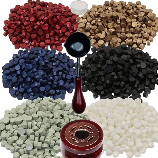 Antique Gold Sealing Wax Beads, ONWINPOR 400pcs Wax Seal Kit with Warmer, Non-Slip Spoon, Candles for Envelopes, Stamp Letter Seal,Wedding Invitations (Antique Gold)