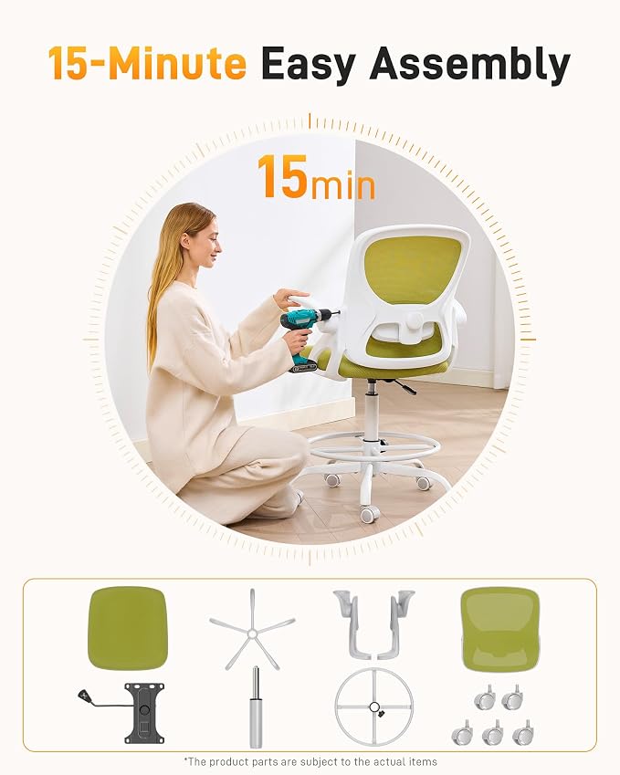 LukkDys Drafting Chair with Arms, Tall Office Chair for Standing Desks | Ergonomic lumbar pad, breathable mesh and foot ring support forward-leaning posture for sewing, crafts and daily studio work.