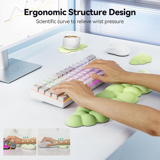 TECKNET Cloud Keyboard Wrist Rest Set, Cloud Wrist Rest with Non-Slip Base, PU Leather Wrist Pad for Keyboard with Ergonomic Memory Foam for Computer Laptop Office Gaming & Pain Relief, Gradient Green