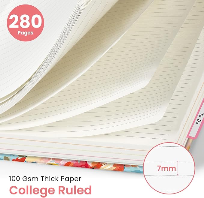 Large Lined Spiral Journal for Women Cute Hardcover 5 Subject Notebook for Work 8.5" x 11" with Removable Dividers & Tabs, College Ruled, 280 Pages Aesthetic Journal for Work, School & Note Taking, Pastel Garden