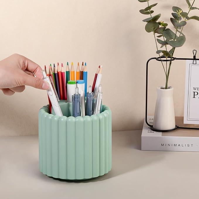 360° Rotating Pen Holder for Desk Removable Pencil Organizer, Green | 7 Slots Pen Cup Cute Office Supplies and Accessories Plastic Desktop Storage Box Art Caddy for School, Work, Home