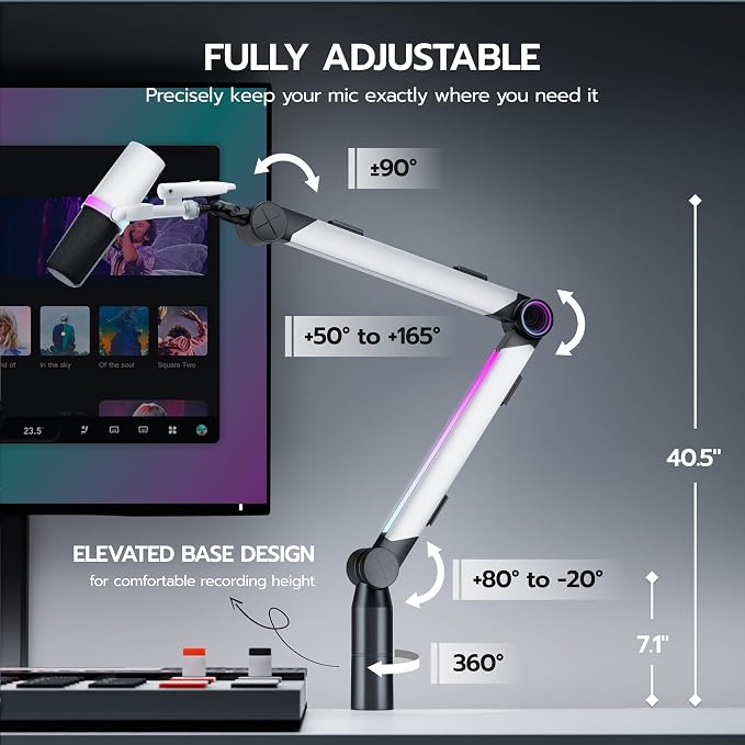 ARES WING Aluminum Microphone Boom Arm with RGB Light and Volume Control, Adjustable Mic Arm Desk Mount with 3/8” to 5/8” Screw Adapter, Suspension Scissor Mic Stand for Gaming Streaming Podcasting