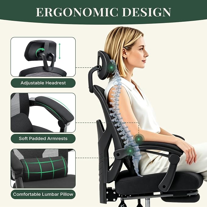 Ergonomic Office Chair with Footrest, High Back Home Desk Chair with Lumbar Support & Headrest, 90-135° Reclining Mesh Back Computer Chair with Wheels for Work, Gaming, Black